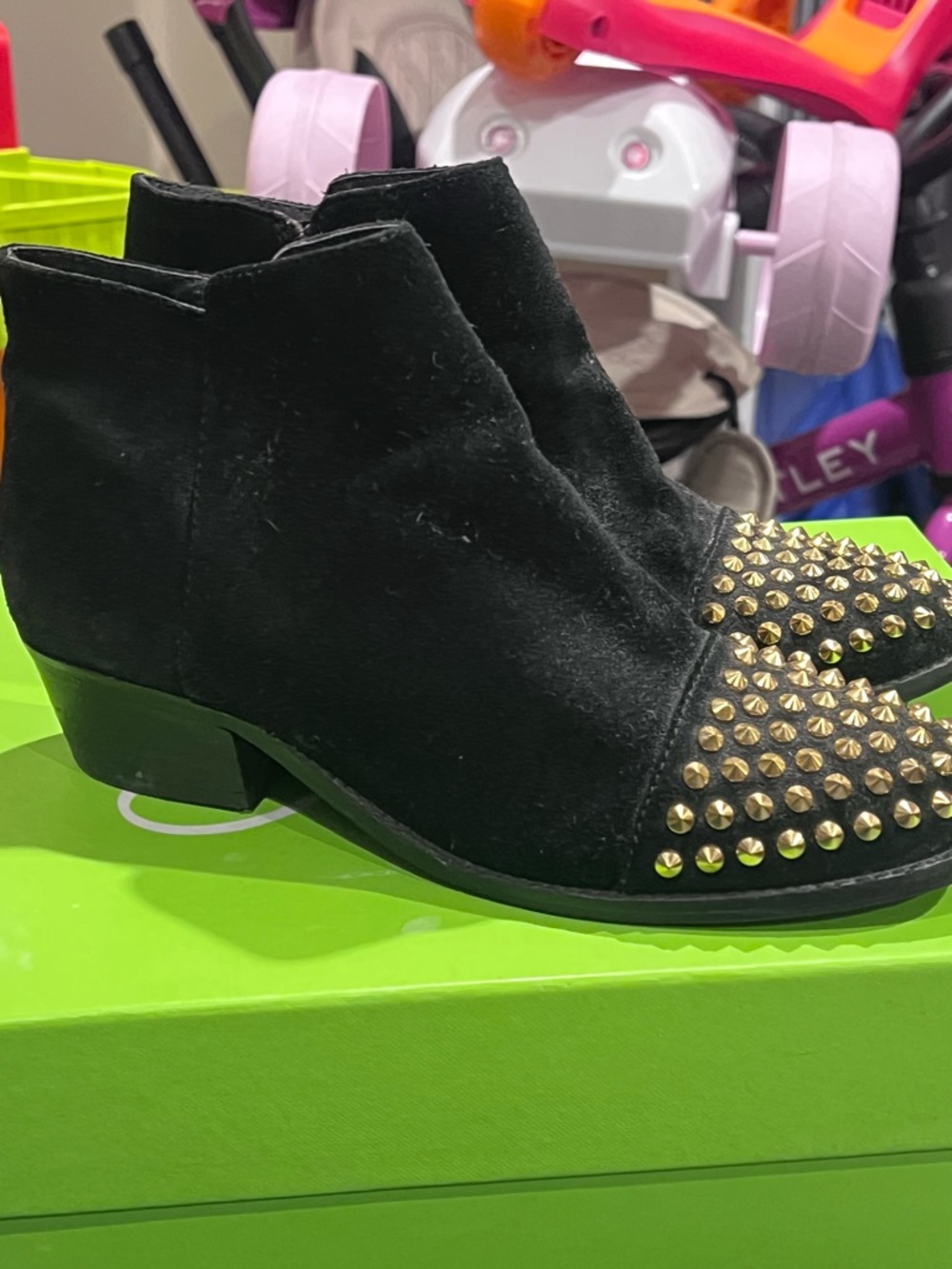 Steve Madden Black Suede Ankle Boots with Gold Studs